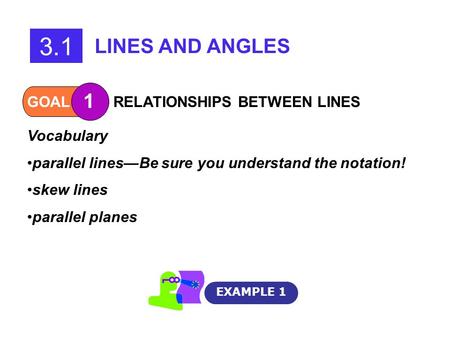 GOAL 1 RELATIONSHIPS BETWEEN LINES EXAMPLE 1 3.1 LINES AND ANGLES Vocabulary parallel lines—Be sure you understand the notation! skew lines parallel planes.