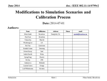 Doc.: IEEE 802.11-14/0799r2 Submission June 2014 Nihar Jindal, Broadcom Modifications to Simulation Scenarios and Calibration Process Date: 2014-07-01.