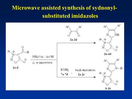 Microwave assisted synthesis of sydnonyl- substituted imidazoles.