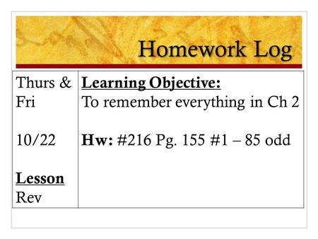 Homework Log Thurs & Fri 10/22 Lesson Rev Learning Objective: To remember everything in Ch 2 Hw: #216 Pg. 155 #1 – 85 odd.