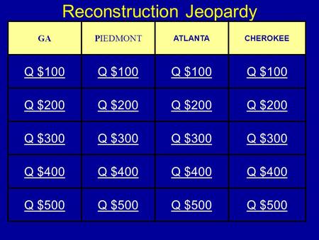 Reconstruction Jeopardy GAPIEDMONT ATLANTACHEROKEE Q $100 Q $200 Q $300 Q $400 Q $500.
