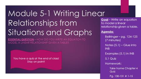 ESSENTIAL QUESTION – HOW DO YOU WRITE AN EQUATION TO MODEL A LINEAR RELATIONSHIP GIVEN A TABLE? Module 5-1 Writing Linear Relationships from Situations.