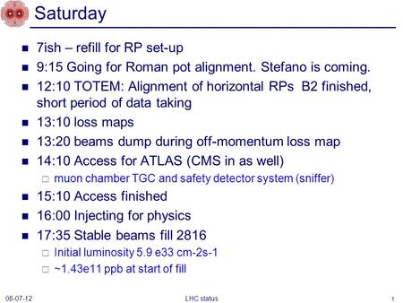 Saturday 7ish – refill for RP set-up 9:15 Going for Roman pot alignment. Stefano is coming. 12:10 TOTEM: Alignment of horizontal RPs B2 finished, short.