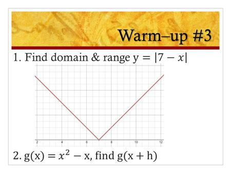 Warm–up #3. Warm–up #3 Solutions Homework Log Tues 11/3 Lesson 3 – 2 Learning Objective: To find difference quotients & to graph functions Hw: #304 Pg.