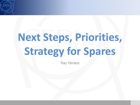 Next Steps, Priorities, Strategy for Spares Ray Veness.