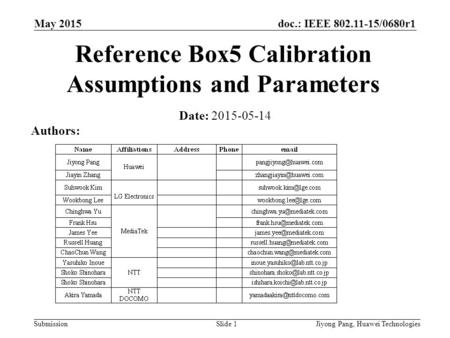 Doc.: IEEE 802.11-15/0680r1 SubmissionJiyong Pang, Huawei TechnologiesSlide 1 Reference Box5 Calibration Assumptions and Parameters Date: 2015-05-14 Authors: