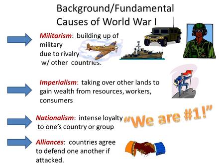 Background/Fundamental Causes of World War I Militarism: building up of military due to rivalry w/ other countries. Imperialism: taking over other lands.