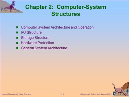 Silberschatz, Galvin and Gagne  2002 2.1 Applied Operating System Concepts Chapter 2: Computer-System Structures Computer System Architecture and Operation.
