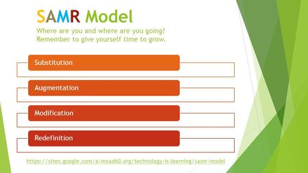SAMR Model Where are you and where are you going? Remember to give yourself time to grow. SubstitutionAugmentationModificationRedefinition https://sites.google.com/a/msad60.org/technology-is-learning/samr-model.