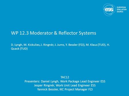 WP 12.3 Moderator & Reflector Systems D. Lyngh, M. Kickulies, J. Ringnér, J. Jurns, Y. Bessler (FZJ), M. Klaus (TUD), H. Quack (TUD) TAC12 Presenters: