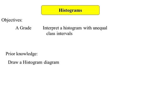 Histograms Objectives: A Grade Interpret a histogram with unequal class intervals Prior knowledge: Draw a Histogram diagram.