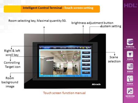 Touch screen function manual Right & left scroll key Room selecting key, Maximal quantity 50. Controlling Target icon Room background image brightness.
