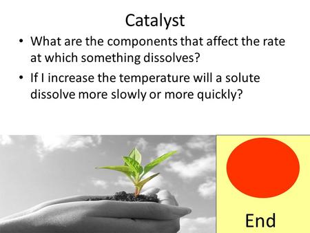 Catalyst What are the components that affect the rate at which something dissolves? If I increase the temperature will a solute dissolve more slowly or.
