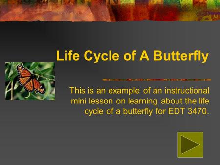 Life Cycle of A Butterfly This is an example of an instructional mini lesson on learning about the life cycle of a butterfly for EDT 3470.