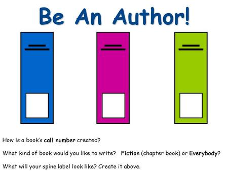 Be An Author! How is a book’s call number created? What kind of book would you like to write? Fiction (chapter book) or Everybody? What will your spine.