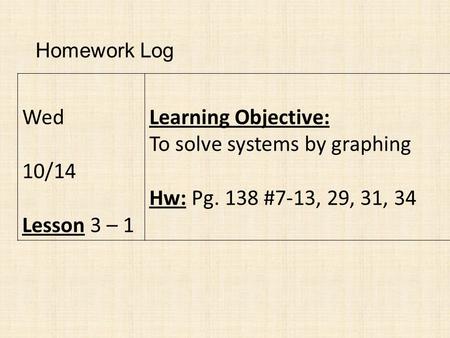 Homework Log Wed 10/14 Lesson 3 – 1 Learning Objective: To solve systems by graphing Hw: Pg. 138 #7-13, 29, 31, 34.