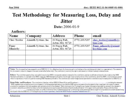 Doc.: IEEE 802.11-06-0005-01-000t Submission Jan 2006 Chris Trecker, Azimuth SystemsSlide 1 Test Methodology for Measuring Loss, Delay and Jitter Notice: