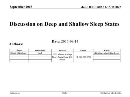 Submission doc.: IEEE 802.11-15/1100r2 September 2015 Slide 1 Chittabrata Ghosh, Intel Discussion on Deep and Shallow Sleep States Date: 2015-09-14 Authors: