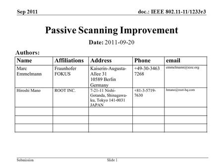 Doc.: IEEE 802.11-11/1233r3 Submission Sep 2011 Slide 1 Passive Scanning Improvement Date: 2011-09-20 Authors: