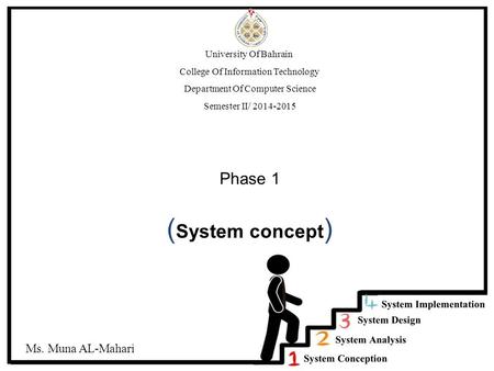 University Of Bahrain College Of Information Technology Department Of Computer Science Semester II/ 2014-2015 Phase 1 ( System concept ) Ms. Muna AL-Mahari.