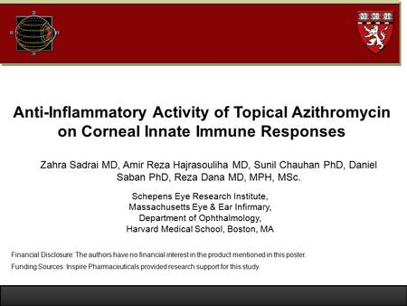 Anti-Inflammatory Activity of Topical Azithromycin on Corneal Innate Immune Responses Zahra Sadrai MD, Amir Reza Hajrasouliha MD, Sunil Chauhan PhD, Daniel.