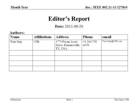 Doc.: IEEE 802.11-11/1278r0 Submission Month Year Tom Siep, CSRSlide 1 Editor’s Report Date: 2011-00-20 Authors: