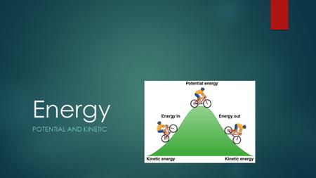 Energy POTENTIAL AND KINETIC. Objectives  Explain the concepts of kinetic and potential energy.  Understand that energy can change from one form into.