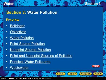 WaterSection 3 Preview Bellringer Objectives Water Pollution Point-Source Pollution Nonpoint-Source Pollution Point and Nonpoint Sources of Pollution Principal.