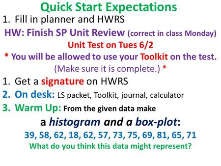 Quick Start Expectations 1.Fill in planner and HWRS HW: Finish SP Unit Review (correct in class Monday) Unit Test on Tues 6/2 * You will be allowed to.