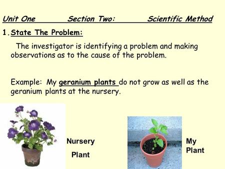 Unit One Section Two: Scientific Method 1.State The Problem: The investigator is identifying a problem and making observations as to the cause of the problem.