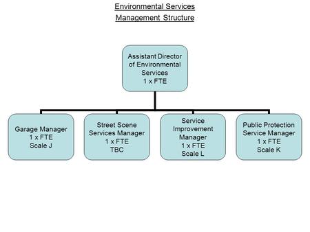 Assistant Director of Environmental Services 1 x FTE Garage Manager 1 x FTE Scale J Street Scene Services Manager 1 x FTE TBC Service Improvement Manager.