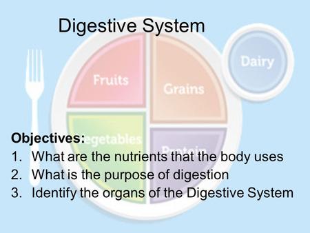 Digestive System Objectives: What are the nutrients that the body uses