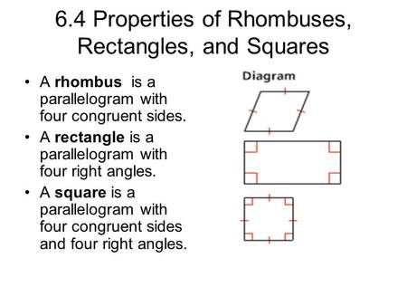 6.4 Properties of Rhombuses, Rectangles, and Squares A rhombus is a parallelogram with four congruent sides. A rectangle is a parallelogram with four right.