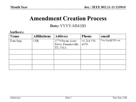 Doc.: IEEE 802.11-11/1109r0 Submission Month Year Tom Siep, CSRSlide 1 Amendment Creation Process Date: YYYY-MM-DD Authors: