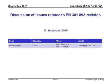 Doc.: IEEE 802.19-15/0079r1 Submission September 2015 Andrew Myles (Cisco)Slide 1 Discussion of issues related to EN 301 893 revision 16 September 2015.