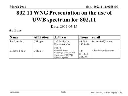 Submission doc.: 802.11-11/0385r00 Jim Lansford, Richard Edgar (CSR) Slide 1 802.11 WNG Presentation on the use of UWB spectrum for 802.11 Date: 2011-03-15.