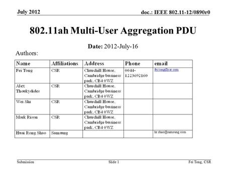 Submission doc.: IEEE 802.11-12/0890r0 July 2012 Fei Tong, CSRSlide 1 802.11ah Multi-User Aggregation PDU Date: 2012-July-16 Authors: