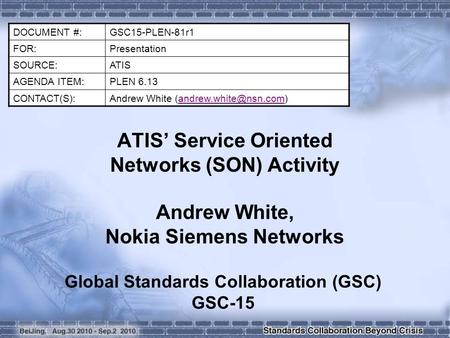 ATIS’ Service Oriented Networks (SON) Activity Andrew White, Nokia Siemens Networks DOCUMENT #:GSC15-PLEN-81r1 FOR:Presentation SOURCE:ATIS AGENDA ITEM:PLEN.