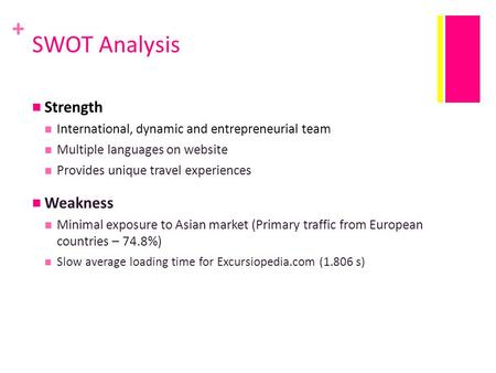 + SWOT Analysis Strength International, dynamic and entrepreneurial team Multiple languages on website Provides unique travel experiences Weakness Minimal.