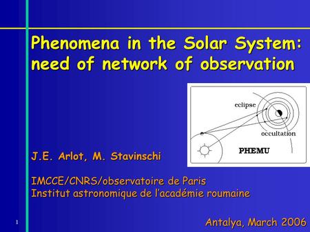 1 Phenomena in the Solar System: need of network of observation J.E. Arlot, M. Stavinschi IMCCE/CNRS/observatoire de Paris Institut astronomique de l’académie.