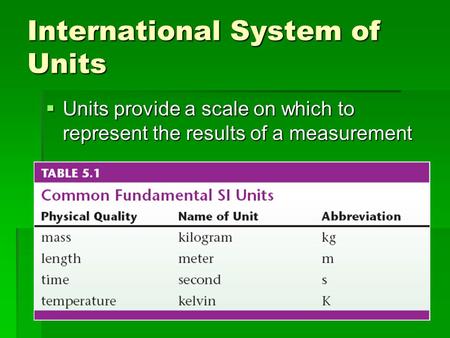 International System of Units  Units provide a scale on which to represent the results of a measurement.