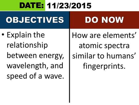 Explain the relationship between energy, wavelength, and speed of a wave. How are elements’ atomic spectra similar to humans’ fingerprints. 11/23/2015.