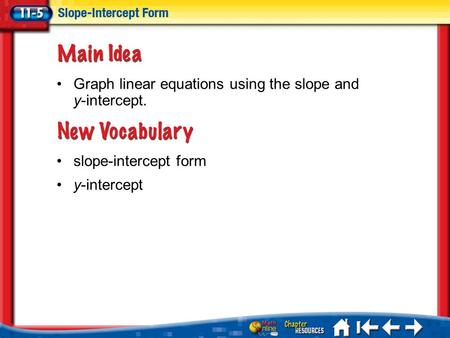 Lesson 5 MI/Vocab slope-intercept form y-intercept Graph linear equations using the slope and y-intercept.
