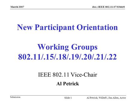 Doc.: IEEE 802.11-07/0344r0 Submission March 2007 Al Petrick, WiDeFi, Jim Allen, AstorSlide 1 New Participant Orientation Working Groups 802.11/.15/.18/.19/.20/.21/.22.