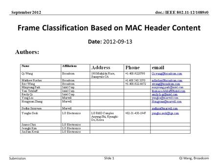 Doc.: IEEE 802.11-12/1089r0September 2012 Submission Qi Wang, BroadcomSlide 1 Frame Classification Based on MAC Header Content Date: 2012-09-13 Authors: