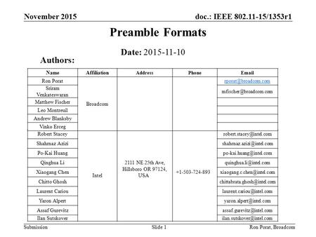 Doc.: IEEE 802.11-15/1353r1 Submission Preamble Formats Slide 1 Date: 2015-11-10 Authors: Robert Stacey Intel 2111 NE 25th Ave, Hillsboro OR 97124, USA.