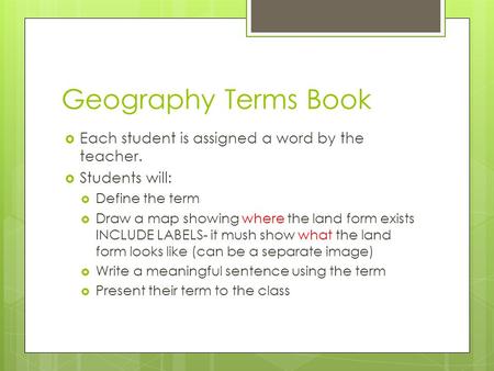 Geography Terms Book  Each student is assigned a word by the teacher.  Students will:  Define the term  Draw a map showing where the land form exists.