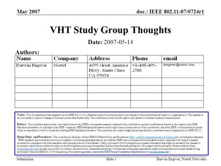Doc.: IEEE 802.11-07/0724r1 Submission May 2007 Darwin Engwer, Nortel NetworksSlide 1 VHT Study Group Thoughts Notice: This document has been prepared.