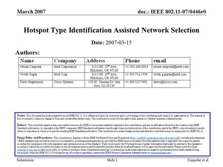 Doc.: IEEE 802.11-07/0446r0 Submission March 2007 Canpolat et alSlide 1 Hotspot Type Identification Assisted Network Selection Date: 2007-03-15 Notice: