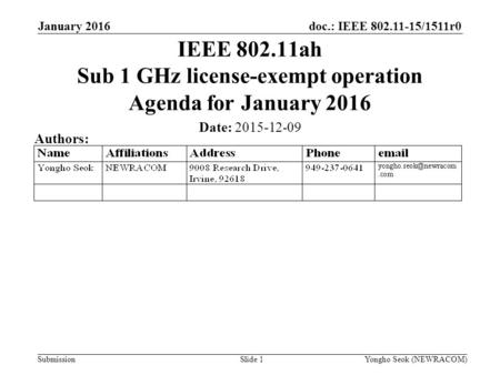 Doc.: IEEE 802.11-15/1511r0 Submission January 2016 Yongho Seok (NEWRACOM)Slide 1 IEEE 802.11ah Sub 1 GHz license-exempt operation Agenda for January 2016.